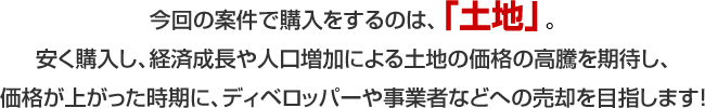 今回の案件で購入をするのは、「土地」。安く購入し、経済成長や人口増加による土地の価格の高騰を期待し、価格が上がった時期に、ディベロッパーや事業者などへの売却を目指します！